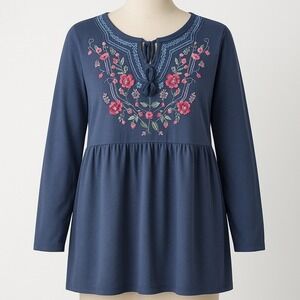 Woman Within Embroidered Floral Tunic Top Babydoll Blue‎ 18 20 Boho Cottagecore